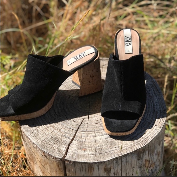 Black Suede Chunky Heel, Square Toe Cork Mules,10